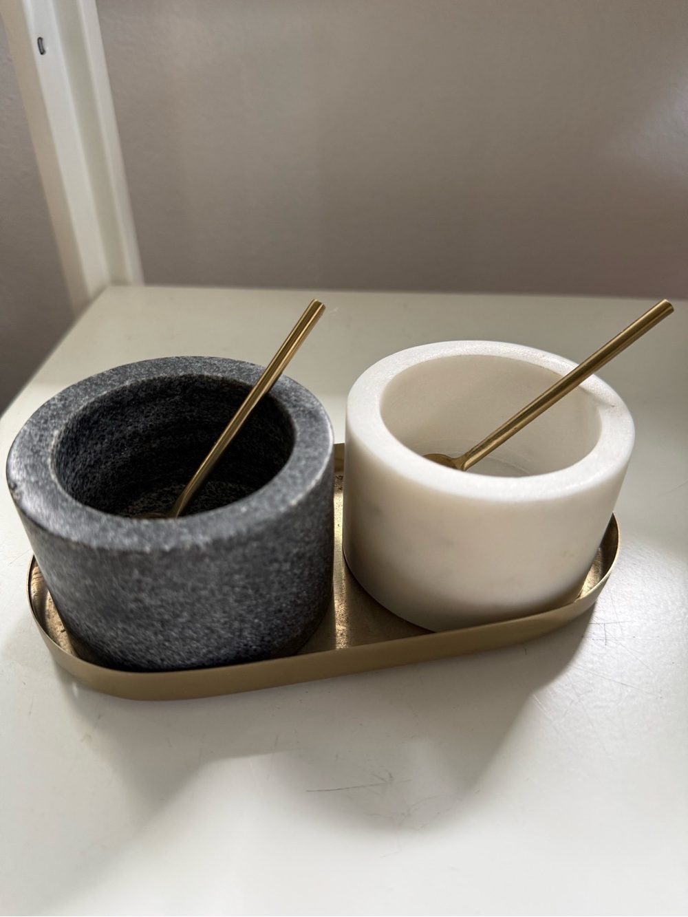 Marble Salt & Pepper Cellar Set with Gold Spoons